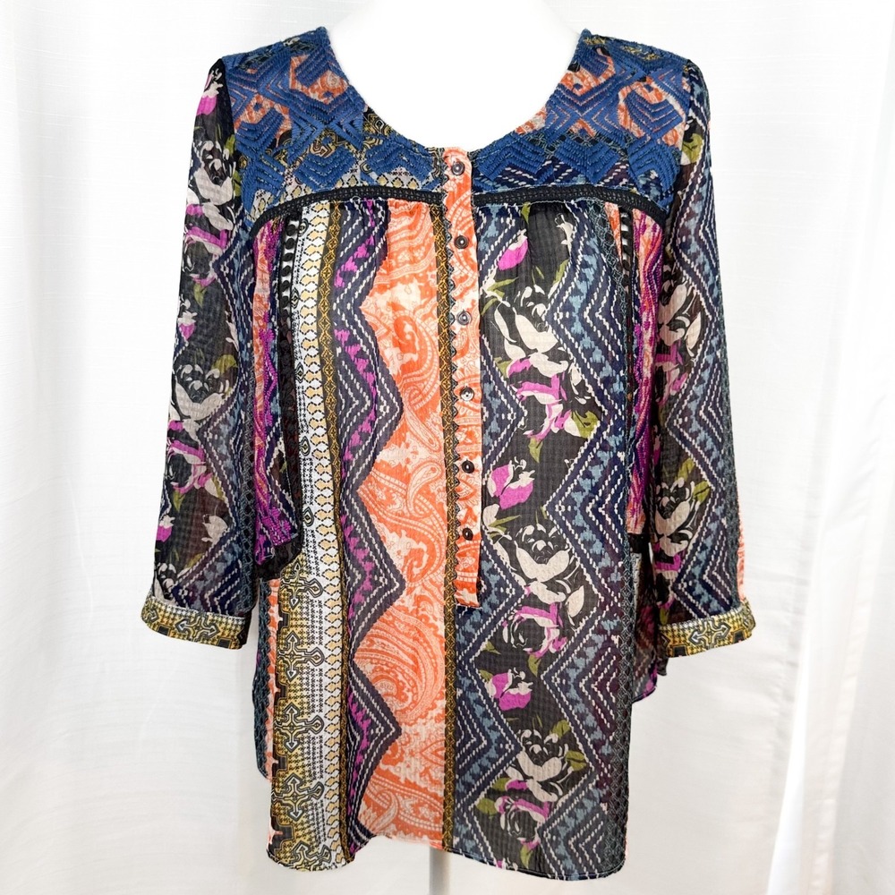 Vanessa Virginia Anthropologie Blouse Womens 2 Embroidered Mixed Print Boho EUC